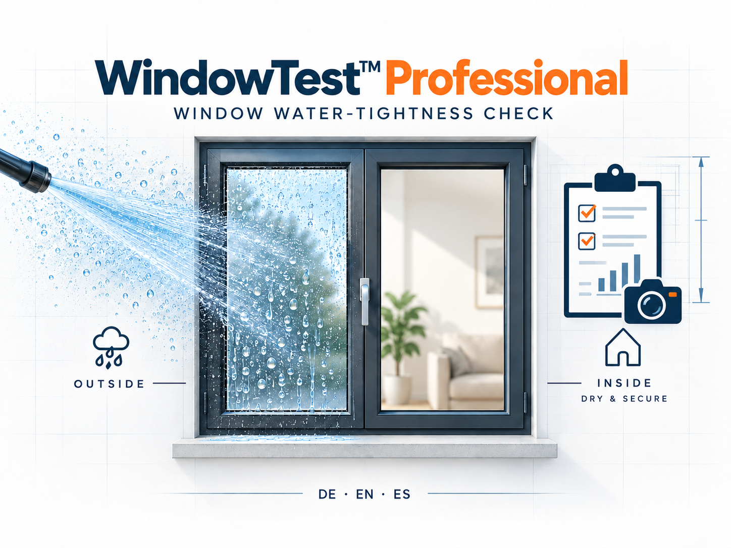 WindowTest™ Professional – Illustration des Sprühtests: Wasserstrahl von außen auf das Fenster, trockener und sicherer Innenraum, Checkliste mit Kamera zur Dokumentation